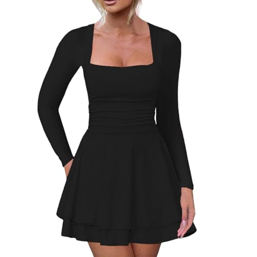 Sommerkleid Damen Langarm,Kleid Damen mit Rüschen Kleider mit Taille Sommer Mode Casual Minikleid Leicht Und Luftig Sommerkleider Einfarbig Strandkleid Rüschenkleid Gerafftes Freizetikleid von Generic