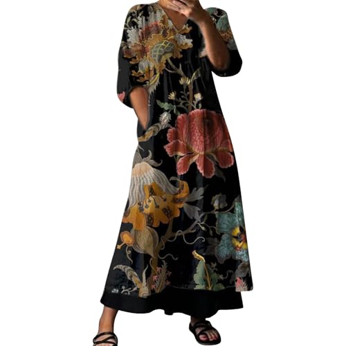 Sommerkleid Damen Lange Maxikleid Damen Kurzarm Festlich Kleid Damen Blumen Strandkleid Langes Festliche Kleider Elegant V Ausschnitt Knopfleiste Taschen Abendkleid Leicht und Luftig(Schwarz,M) von Generic