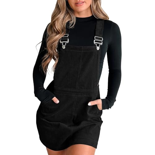 Sommerkleid Damen Latzrock Quadratischer Ausschnitt Taschen Cord Latzkleid Overallkleid Freizeitkleider Corduroy Mini Dress A Linie Kleid Ärmellos T-Shirt Strandkleid (Black-B, L) von Generic