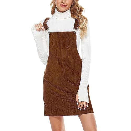 Sommerkleid Damen Latzrock Quadratischer Ausschnitt Taschen Cord Latzkleid Overallkleid Freizeitkleider Corduroy Mini Dress A Linie Kleid Ärmellos T-Shirt Strandkleid (Brown-A, M) von Generic