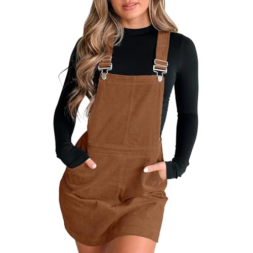 Sommerkleid Damen Latzrock Quadratischer Ausschnitt Taschen Cord Latzkleid Overallkleid Freizeitkleider Corduroy Mini Dress A Linie Kleid Ärmellos T-Shirt Strandkleid (Coffee-B, L) von Generic