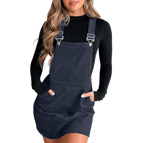 Sommerkleid Damen Latzrock Quadratischer Ausschnitt Taschen Cord Latzkleid Overallkleid Freizeitkleider Corduroy Mini Dress A Linie Kleid Ärmellos T-Shirt Strandkleid (Navy-B, L) von Generic
