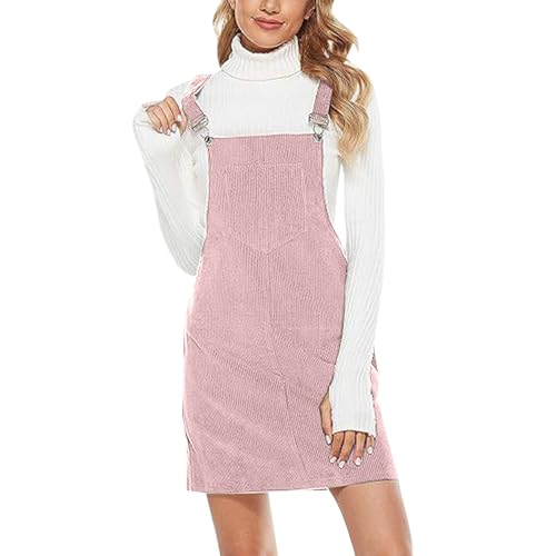 Sommerkleid Damen Latzrock Quadratischer Ausschnitt Taschen Cord Latzkleid Overallkleid Freizeitkleider Corduroy Mini Dress A Linie Kleid Ärmellos T-Shirt Strandkleid (Pink-A, XXL) von Generic