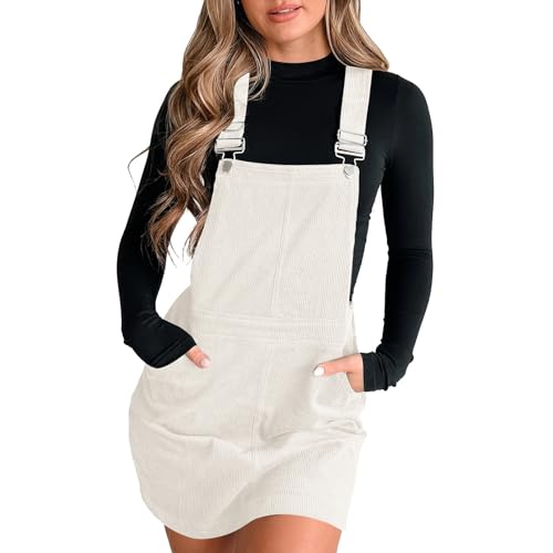 Sommerkleid Damen Latzrock Quadratischer Ausschnitt Taschen Cord Latzkleid Overallkleid Freizeitkleider Corduroy Mini Dress A Linie Kleid Ärmellos T-Shirt Strandkleid (White-B, XL) von Generic