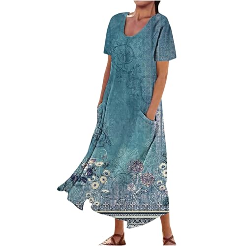 Sommerkleid Damen Leicht Kleider Damen Blumen Elegant Tunika Kleid Frauen Vintage Strandkleid Kurzarm Locker Luftige Sommerkleider Taschen Damenkleider Blumenkleid(A1-Blau,XL) von Generic