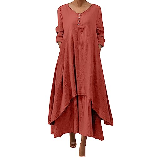 Sommerkleid Damen Leicht -Leinenkleid Damen Sommer Maxi Kleider Große Größen Partykleid Langarm Vintage Maxikleid V Ausschnitt Lange Kleid Freizeitkleider Lose Festlich Abendkleider für Frauen von Generic