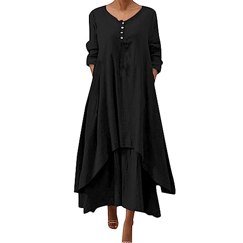 Sommerkleid Damen Leicht -Leinenkleid Damen Sommer Maxi Kleider Große Größen Partykleid Langarm Vintage Maxikleid V Ausschnitt Lange Kleid Freizeitkleider Lose Festlich Abendkleider für Frauen von Generic