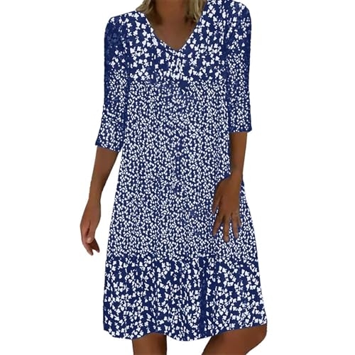 Sommerkleid Damen Leicht Midi Kleid V-Ausschnitt 3/4 Ärmel T-Shirt Kleider Swiss Dot Chiffonkleid Frauen Blusenkleid Boho Strandkleider Vintage Lose Freizeitkleider Dress von Generic