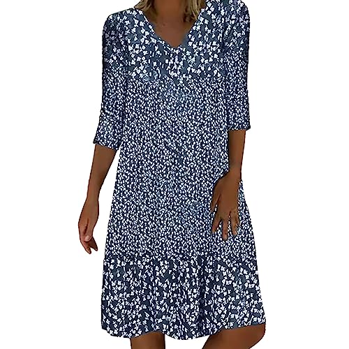 Sommerkleid Damen Leicht Midi Kleid V-Ausschnitt 3/4 Ärmel T-Shirt Kleider Swiss Dot Chiffonkleid Frauen Blusenkleid Boho Strandkleider Vintage Lose Freizeitkleider Dress von Generic