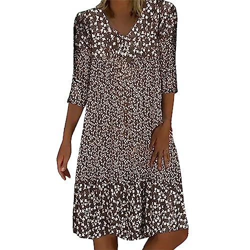 Sommerkleid Damen Leicht Midi Kleid V-Ausschnitt 3/4 Ärmel T-Shirt Kleider Swiss Dot Chiffonkleid Frauen Blusenkleid Boho Strandkleider Vintage Lose Freizeitkleider Dress von Generic
