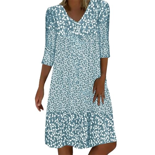 Sommerkleid Damen Leicht Midi Kleid V-Ausschnitt 3/4 Ärmel T-Shirt Kleider Swiss Dot Chiffonkleid Frauen Blusenkleid Boho Strandkleider Vintage Lose Freizeitkleider Dress von Generic