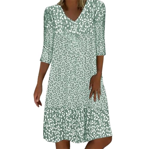 Sommerkleid Damen Leicht Midi Kleid V-Ausschnitt 3/4 Ärmel T-Shirt Kleider Swiss Dot Chiffonkleid Frauen Blusenkleid Boho Strandkleider Vintage Lose Freizeitkleider Dress von Generic