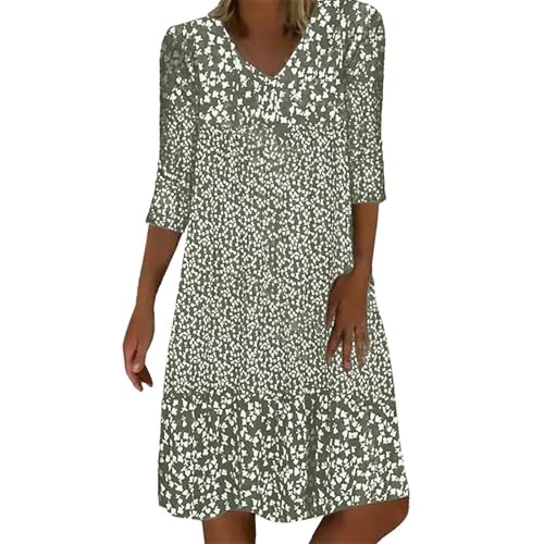 Sommerkleid Damen Leicht Midi Kleid V-Ausschnitt 3/4 Ärmel T-Shirt Kleider Swiss Dot Chiffonkleid Frauen Blusenkleid Boho Strandkleider Vintage Lose Freizeitkleider Dress von Generic
