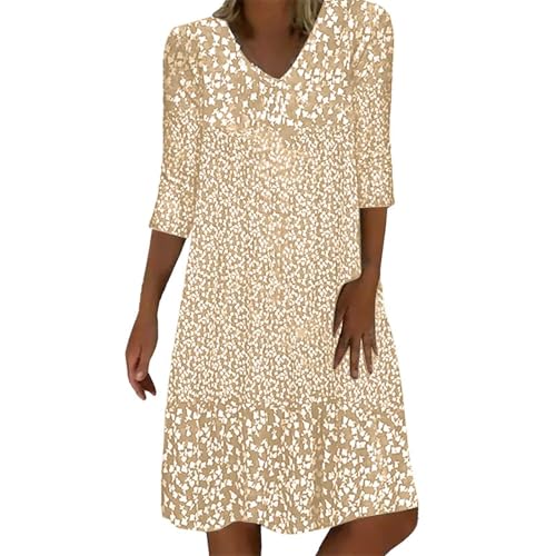 Sommerkleid Damen Leicht Midi Kleid V-Ausschnitt 3/4 Ärmel T-Shirt Kleider Swiss Dot Chiffonkleid Frauen Blusenkleid Boho Strandkleider Vintage Lose Freizeitkleider Dress von Generic