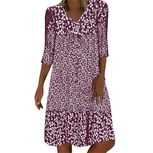 Sommerkleid Damen Leicht Midi Kleid V-Ausschnitt 3/4 Ärmel T-Shirt Kleider Swiss Dot Chiffonkleid Frauen Blusenkleid Boho Strandkleider Vintage Lose Freizeitkleider Dress von Generic