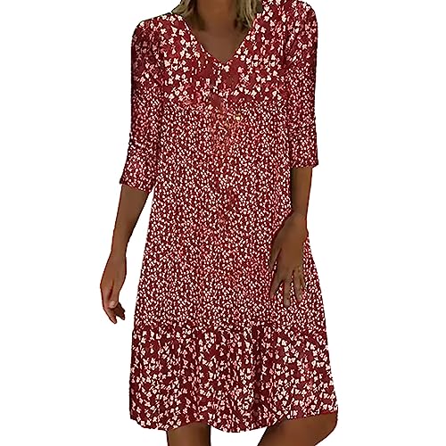 Sommerkleid Damen Leicht Midi Kleid V-Ausschnitt 3/4 Ärmel T-Shirt Kleider Swiss Dot Chiffonkleid Frauen Blusenkleid Boho Strandkleider Vintage Lose Freizeitkleider Dress von Generic