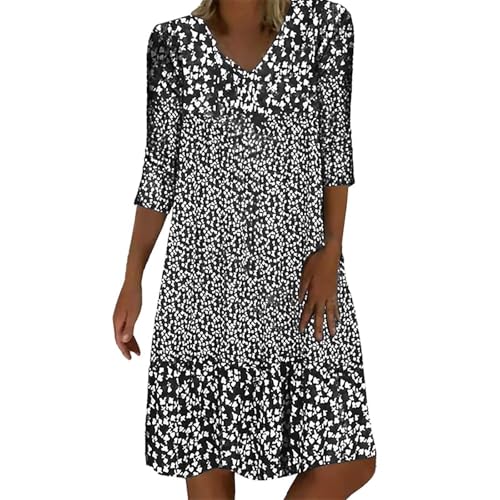 Sommerkleid Damen Leicht Midi Kleid V-Ausschnitt 3/4 Ärmel T-Shirt Kleider Swiss Dot Chiffonkleid Frauen Blusenkleid Boho Strandkleider Vintage Lose Freizeitkleider Dress von Generic