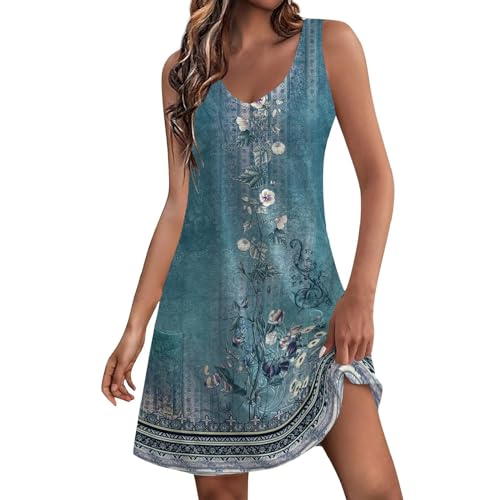 Sommerkleid Damen Leicht und Luftig Allmähliche Veränderung Mehrfarbig Blumenkleid Ärmellos Trägerkleid Damen Freizeitkleid V-Ausschnitt Lässig Locker Sommer Strandkleid mit Taschen(A2 Marine,M) von Generic