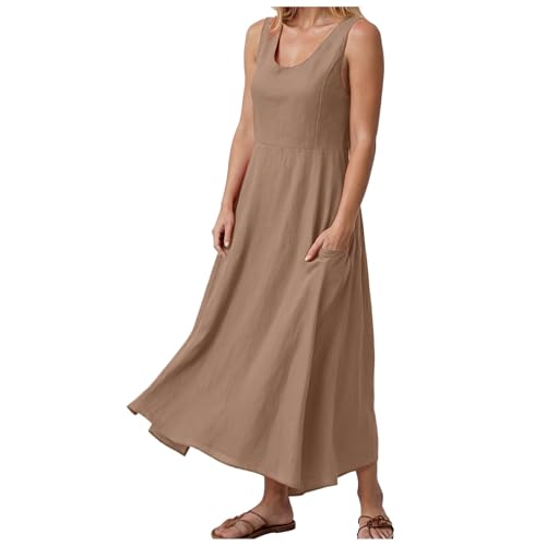Sommerkleid Damen Leinen Baumwolle Kleid Ärmellos Lose Maxikleid Casual Rundhals Strandkleid Elegant Boho Tankkleid Strandkleid Freizeitkleider Leinen Baumwolle Kleid Kurzarm Rundhals Maxikleid von Generic