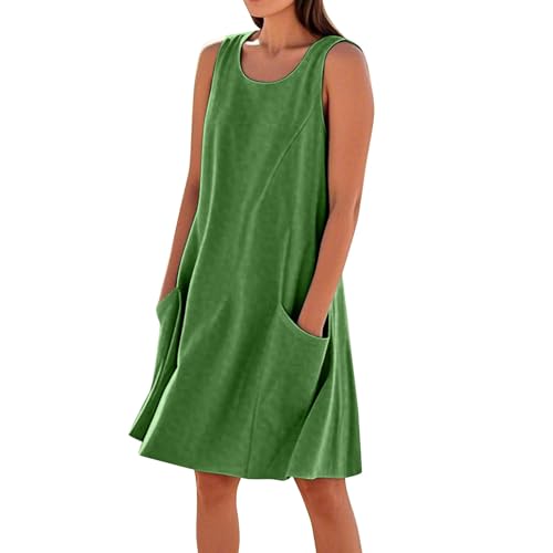 Sommerkleid Damen Leinen Kleider Casual Rundhals Midikleid Ärmellos A-Linie Kleid Strandkleid mit Taschen,Grün,XL von Generic