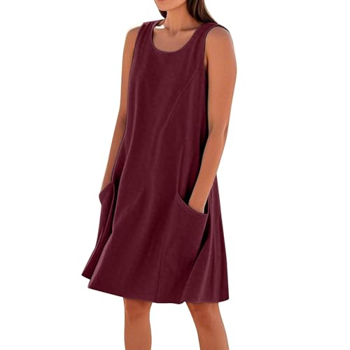 Sommerkleid Damen Leinen Kleider Casual Rundhals Midikleid Ärmellos A-Linie Kleid Strandkleid mit Taschen,Rot,M von Generic