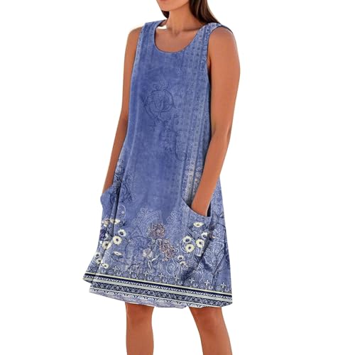 Sommerkleid Damen Leinen Kleider Casual Rundhals Midikleid Sommer Ärmellos A-Linie Kleid Strandkleid mit Taschen,Blau,M von Generic