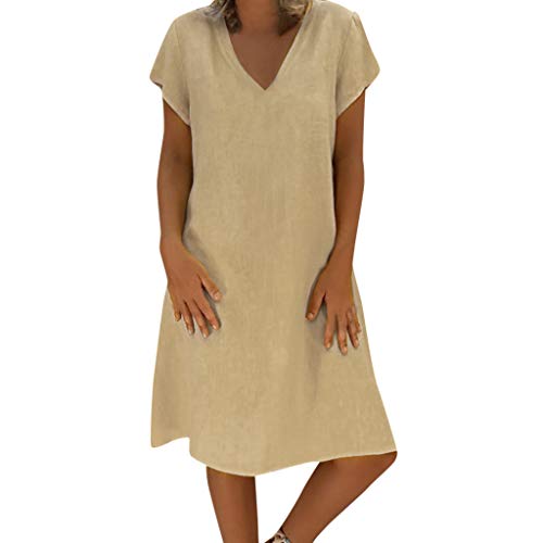 Sommerkleid Damen Leinen Kleider Casual T Shirt Kleid Kurzarm V-Ausschnitt Midikleid A-Linie Strandkleid Große größen Tunika Kleider Knielanges Freizeitkleider Einfarbig Shirtkleider von Generic