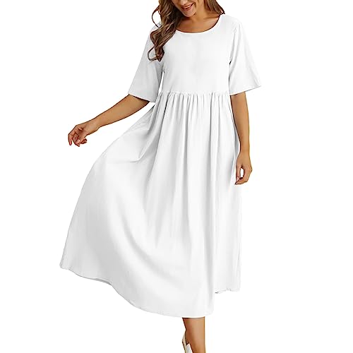 Sommerkleid Damen Leinen Kleider Casual V-Ausschnitt Midikleid Kurzarm A-Linie Kleid Langes Kleid Partykleid Freizeitkleid Sommerkleid Damen Knielang von Generic