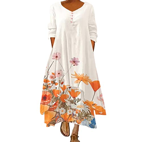 Sommerkleid Damen Leinen Kleider Lang Leinenkleid Kaftan Kleid Maxikleid Elegant Große Größen Baumwolle Leinen Blusenkleid Boho Casual Freizeitkleid Maxi Langes Sommer Strandkleid von Generic