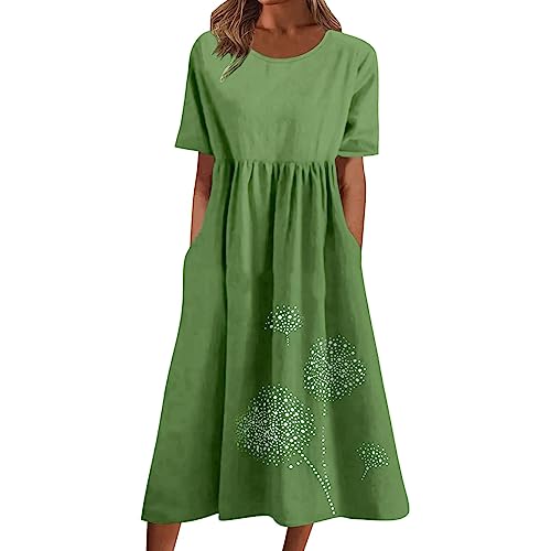 Generic Sommerkleid Damen Leinen Kleider O-Ausschnitt Baumwollkleid Maxikleid Tunika Einfarbig Leinenkleid Knielanges Freizeitkleider A-Linien Sommerkleid Elegant Freizeitkleid Sommerkleid Damen von Generic