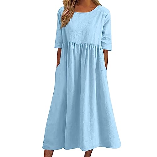 Sommerkleid Damen Leinen Kleider O-Ausschnitt Baumwollkleid Maxikleid Tunika Einfarbig Leinenkleid Knielanges Freizeitkleider A-Linien Sommerkleid Elegant Freizeitkleid Sommerkleid Damen von Generic