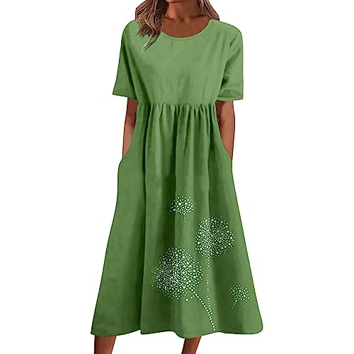 Sommerkleid Damen Leinen Kleider O-Ausschnitt Baumwollkleid Maxikleid Tunika Einfarbig Leinenkleid Knielanges Freizeitkleider A-Linien Sommerkleid Elegant Freizeitkleid Sommerkleid Damen von Generic