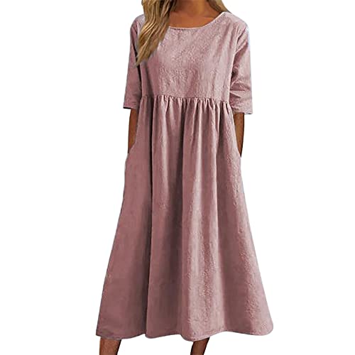 Sommerkleid Damen Leinen Kleider O-Ausschnitt Baumwollkleid Maxikleid Tunika Einfarbig Leinenkleid Knielanges Freizeitkleider A-Linien Sommerkleid Elegant Freizeitkleid Sommerkleid Damen von Generic