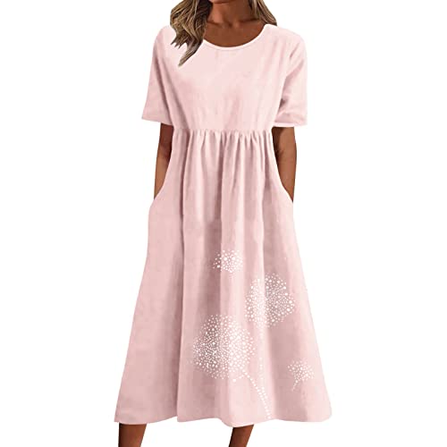 Sommerkleid Damen Leinen Kleider O-Ausschnitt Baumwollkleid Maxikleid Tunika Einfarbig Leinenkleid Knielanges Freizeitkleider A-Linien Sommerkleid Elegant Freizeitkleid Sommerkleid Damen von Generic