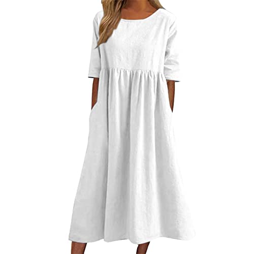 Sommerkleid Damen Leinen Kleider O-Ausschnitt Baumwollkleid Maxikleid Tunika Einfarbig Leinenkleid Knielanges Freizeitkleider A-Linien Sommerkleid Elegant Freizeitkleid Sommerkleid Damen von Generic