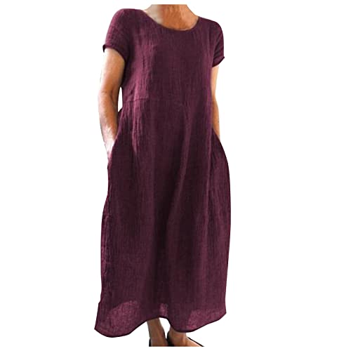 Sommerkleid Damen Leinen Kleider O-Ausschnitt Baumwollkleid Maxikleid Tunika Einfarbig Leinenkleid Knielanges Freizeitkleider A-Linien Sommerkleid Elegant Freizeitkleid Sommerkleid von Generic