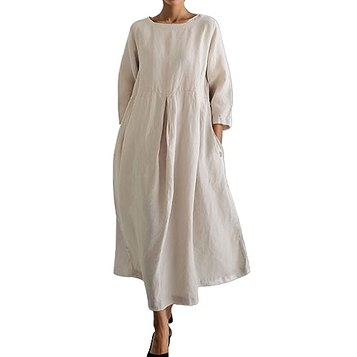 Sommerkleid Damen Midi Leinen Kleider O-Ausschnitt Baumwollkleid Maxikleid Tunika Einfarbig Leinenkleid Knielanges Freizeitkleider A-Linien Sommerkleid Elegant Freizeitkleid Sommerkleid Damen Leicht von Generic