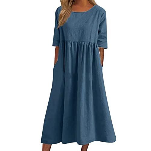 Sommerkleid Damen Midi Leinenkleid Sommer Strand Freizeitkleider Rundhals Leinen Kleider Große Größen Leichte Sommerkleider Strandkleid Einfarbig Casual Freizeitkleid Kurzarm A-Linie Kleid mit Taschen von Generic