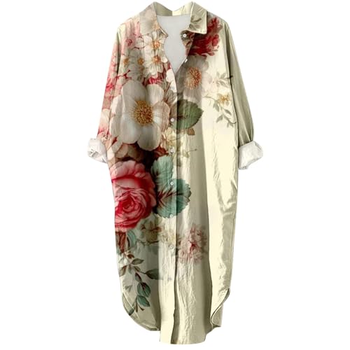 Sommerkleid Damen Midi Mediterranes Kleid Langarm Legerer Maxikleid Freizeitkleid Lässig Locker Große Größe Blumendruck Strandkleid Blumenkleid Stillkleid Festlich Mit Knöpfen(A5 Minzgrün,5XL) von Generic