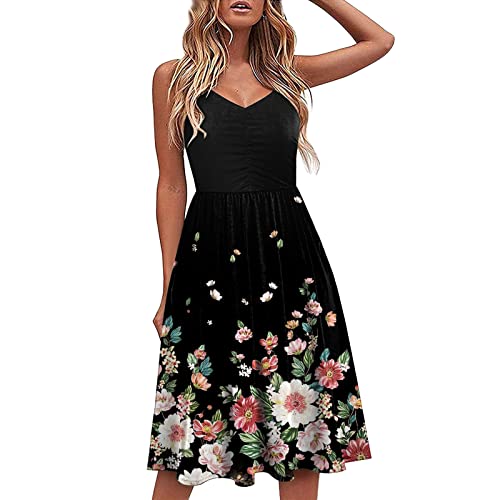 Sommerkleid Damen Rockabilly Kleider Damen Luftige Sommer Strandkleid Damen V Ausschnitt Spaghettiträger Kleider Ärmellos Bedrucken Knielang Kleid Damen Elegant Etuikleid Damen Frühling Kostüme Damen von Generic