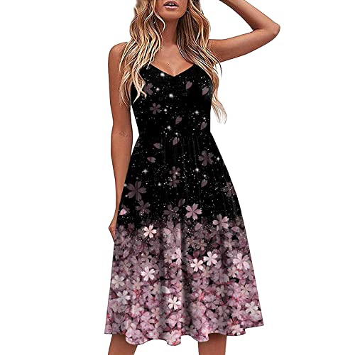 Sommerkleid Damen Rockabilly Kleider Damen Luftige Sommer Strandkleid Damen V Ausschnitt Spaghettiträger Kleider Ärmellos Bedrucken Knielang Kleid Damen Elegant Etuikleid Damen Frühling Kostüme Damen von Generic