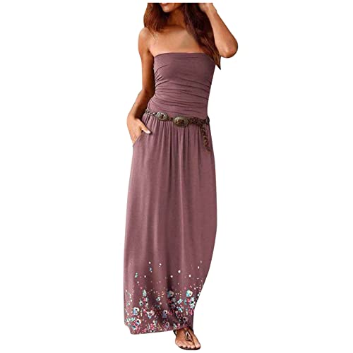 Sommerkleid Damen Sommer Bandeau Kleid Ärmellos Schulterfrei Maxikleid Boho Lang Strandkleid Elegant Party Kleider Sexy Freizeitkleid mit Tasche Sommerliche Leicht Luftig Blumenkleid für 2023 von Generic