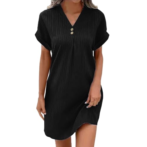 Sommerkleid Damen Sommerkleid Damen Knopfleiste Knielang Strandkleid Einfarbig Komfortabel Boho Blusenkleid Style Freizeit Kleid (Black-B, L) von Generic