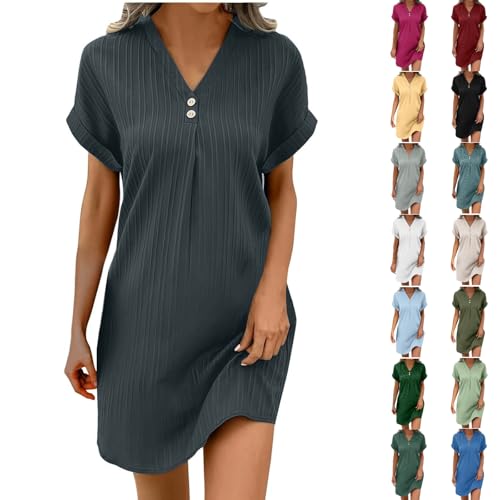 Sommerkleid Damen Sommerkleid Damen Knopfleiste Knielang Strandkleid Einfarbig Komfortabel Boho Blusenkleid Style Freizeit Kleid (Dark Gray-A, XL) von Generic