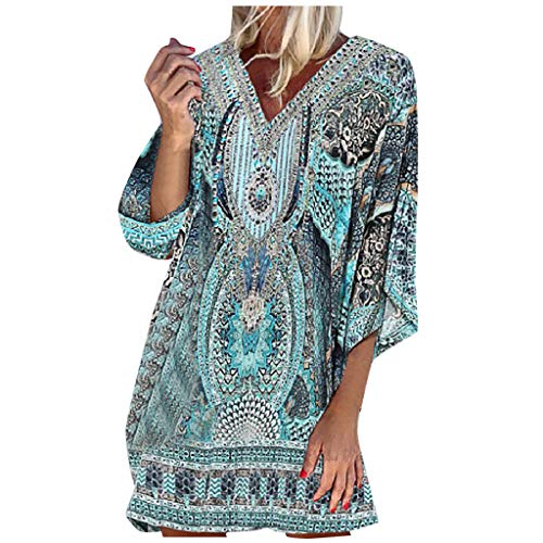 Sommerkleid Damen Strandkleid Boho Mini Tunika V-Ausschnitt Blumenkleid Loose T-Shirt Kleid Floral Minikleid Sommerkleider Langarm Strandkleid von Generic