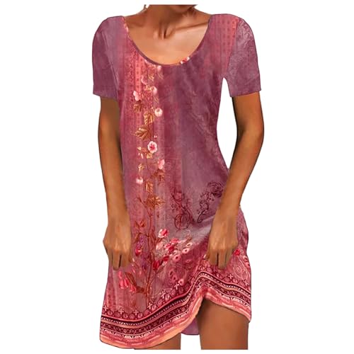 Sommerkleid Damen Strandkleid Boho Mini Tunika V-Ausschnitt Blumenkleid Loose T-Shirt Kleid Floral Minikleid Vintage Sommerkleider Sommer Luftiges Leichtes Kleider Rüschenkleid Freizeitkleid von Generic