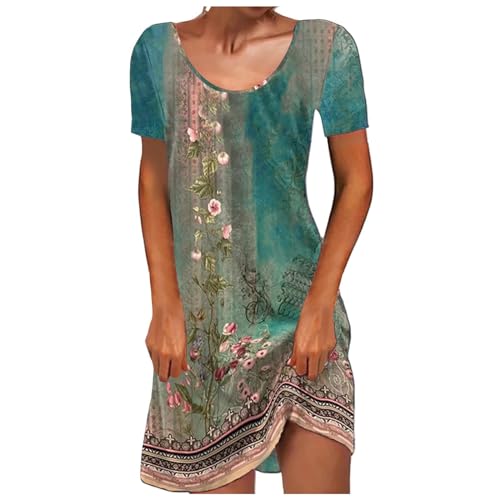 Sommerkleid Damen Strandkleid Boho Mini Tunika V-Ausschnitt Blumenkleid Loose T-Shirt Kleid Floral Minikleid Vintage Sommerkleider Sommer Luftiges Leichtes Kleider Rüschenkleid Freizeitkleid von Generic