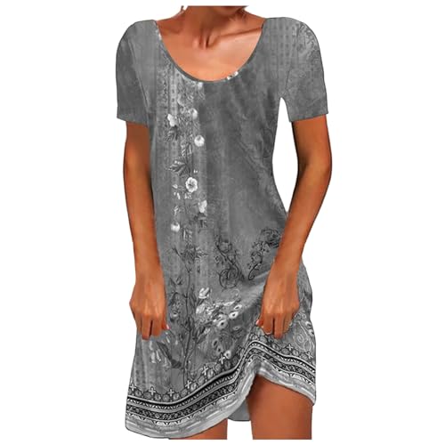 Sommerkleid Damen Strandkleid Boho Mini Tunika V-Ausschnitt Blumenkleid Loose T-Shirt Kleid Floral Minikleid Vintage Sommerkleider Sommer Luftiges Leichtes Kleider Rüschenkleid Freizeitkleid von Generic