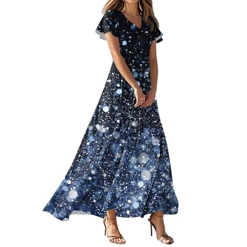 Sommerkleid Damen V Ausschnitt Kurzarm Strandkleid Blumen Druck Abendkleider Lang 2025 Maxikleid Blumenkleid Frühlingskleid Elegant Festliche Kleider Boho Sommerkleider Leicht Und Luftig (A5-Blue, XL) von Generic