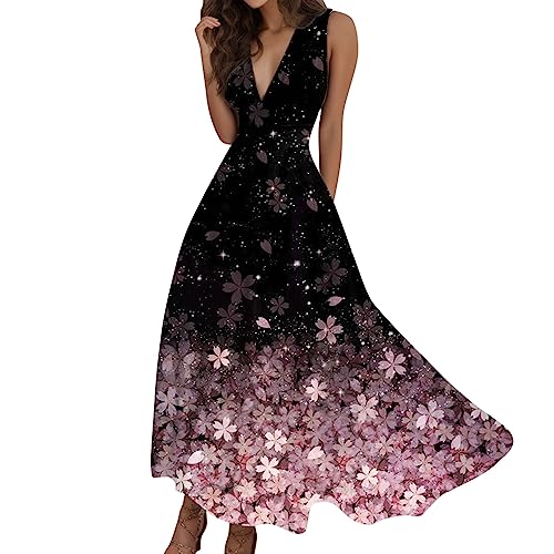 Sommerkleid Damen V-Ausschnitt Lang Kleid Blumenkleid A-Linie Maxikleid Vintage Boho ärmellos Strandkleid Lose Kleid Casual Partykleid von Generic